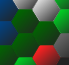 screenshot of 'evolve' showing hexagonal tiles that are red, dark green, light green, blue, gray or white
