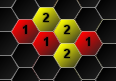 puzzler screenshot: a hexagonal grid with some red tiles that say '1' and some yellow tiles that say '2'
